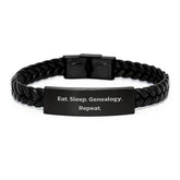 Genealogy Enthusiasts' Fun Gift for Birthday - Eat. Sleep. Genealogy. Repeat. Interlaced Leather Bracelet from Friends to Family - Image 1